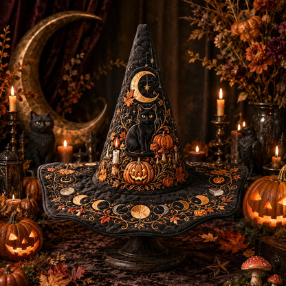 Jack O Lantern Witch Hat – Black Cat Halloween Wide Brim Hat – on an altar table
