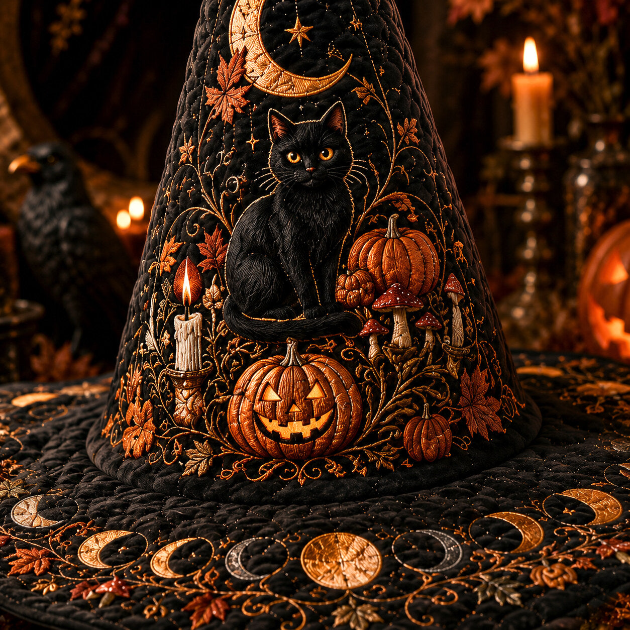 Jack O Lantern Witch Hat – Black Cat Halloween Wide Brim Hat – styled with candles and crystals