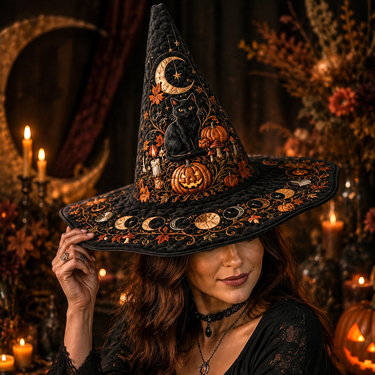 Jack O Lantern Witch Hat – Black Cat Halloween Wide Brim Hat – worn, front view