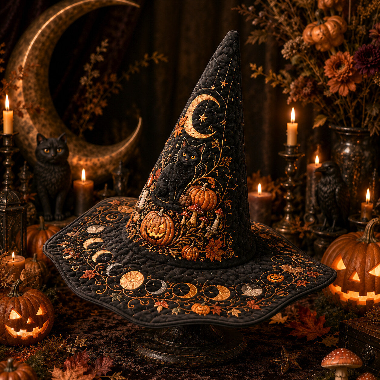Jack O Lantern Witch Hat – Black Cat Halloween Wide Brim Hat – quilting and print detail
