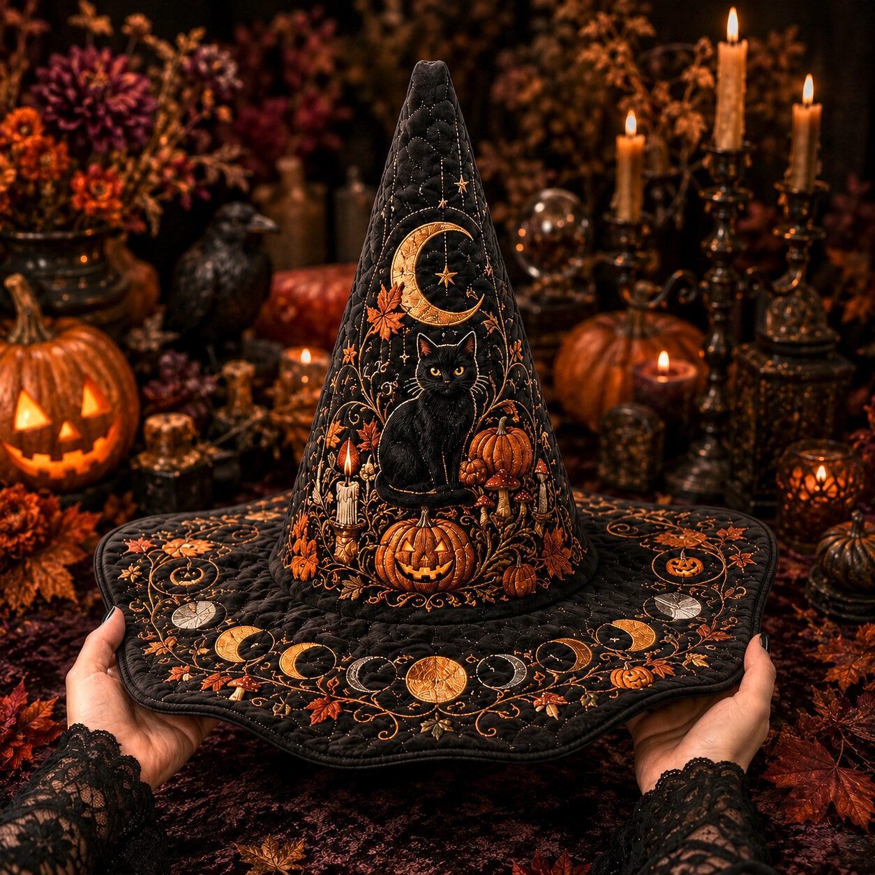 Jack O Lantern Witch Hat – Black Cat Halloween Wide Brim Hat – held in both hands