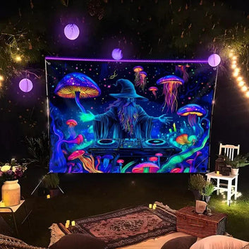 Jellyfish Disco Mysterious Wizard Fluorescent Tapestry Blacklight Tapestry Wizard Tapestry UV Reactive Neon Tapestry-MoonChildWorld