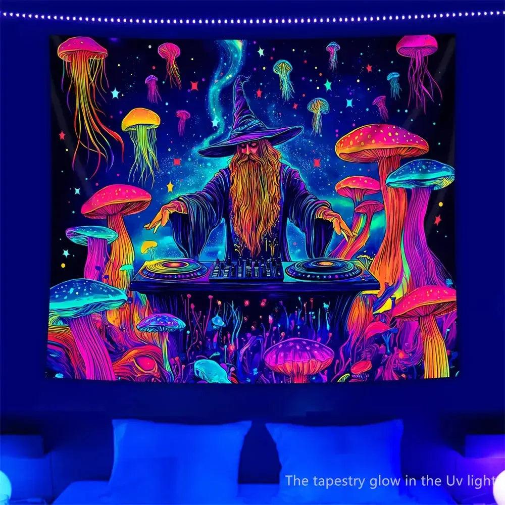 Jellyfish Disco Mysterious Wizard Fluorescent Tapestry Blacklight Tapestry Wizard Tapestry UV Reactive Neon Tapestry-MoonChildWorld