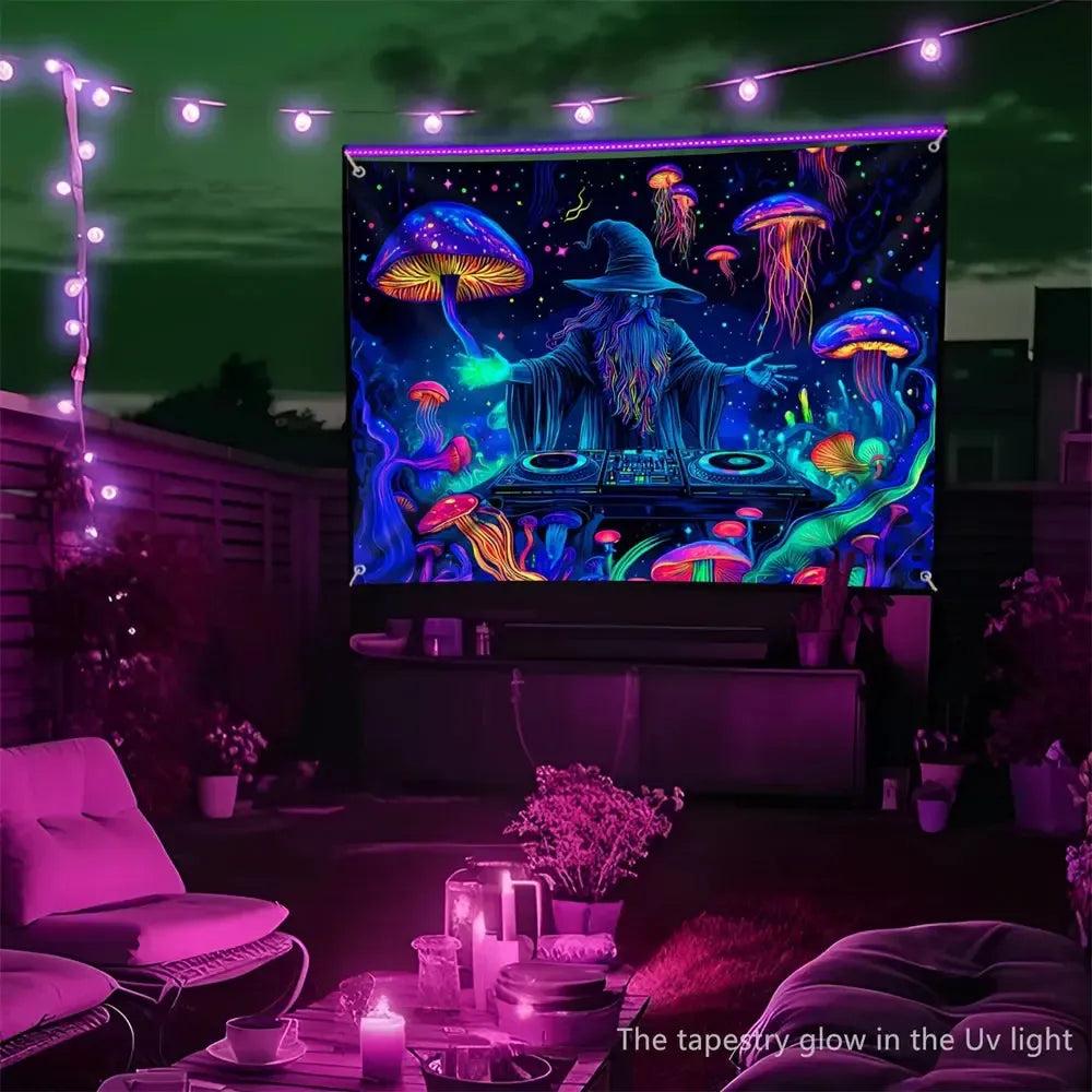 Jellyfish Disco Mysterious Wizard Fluorescent Tapestry Blacklight Tapestry Wizard Tapestry UV Reactive Neon Tapestry-MoonChildWorld