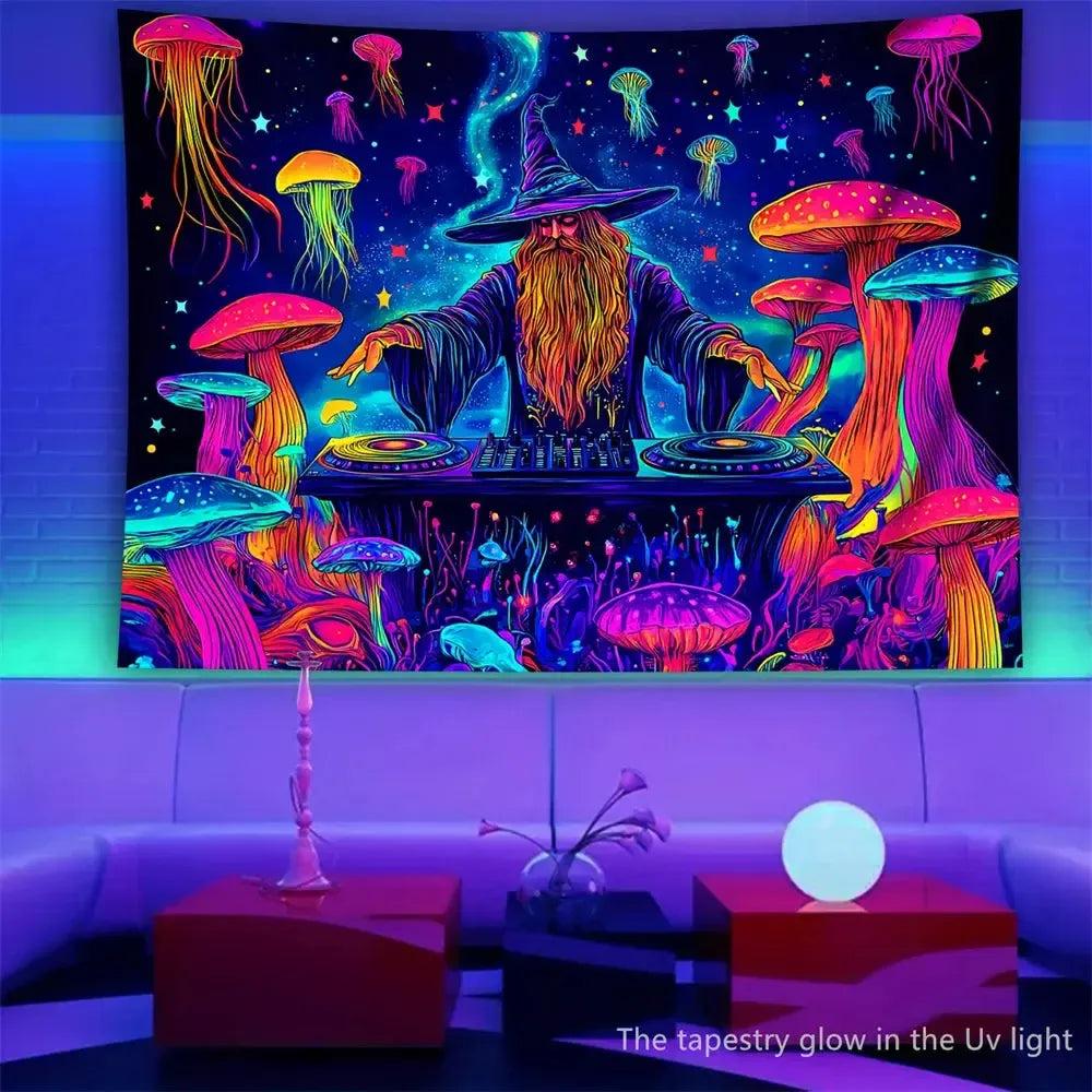 Jellyfish Disco Mysterious Wizard Fluorescent Tapestry Blacklight Tapestry Wizard Tapestry UV Reactive Neon Tapestry-MoonChildWorld