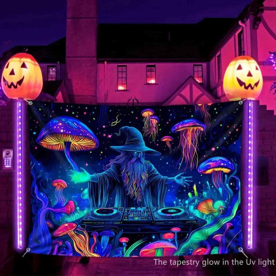 Jellyfish Disco Mysterious Wizard Fluorescent Tapestry Blacklight Tapestry Wizard Tapestry UV Reactive Neon Tapestry-MoonChildWorld