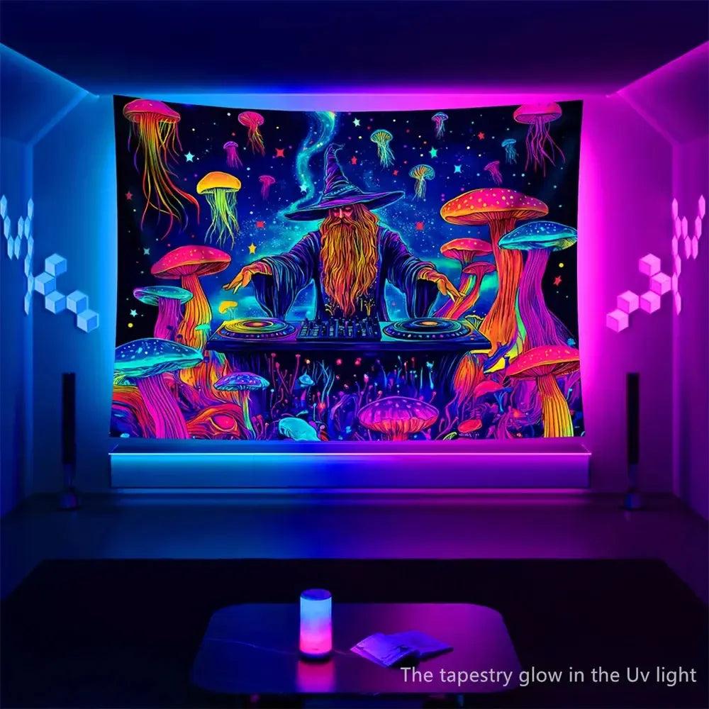 Jellyfish Disco Mysterious Wizard Fluorescent Tapestry Blacklight Tapestry Wizard Tapestry UV Reactive Neon Tapestry-MoonChildWorld