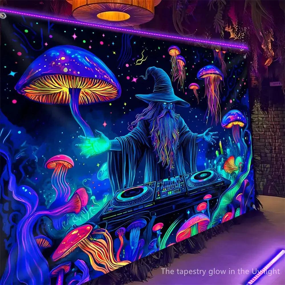 Jellyfish Disco Mysterious Wizard Fluorescent Tapestry Blacklight Tapestry Wizard Tapestry UV Reactive Neon Tapestry-MoonChildWorld