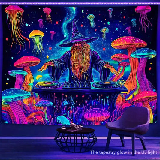 Jellyfish Disco Mysterious Wizard Fluorescent Tapestry Blacklight Tapestry Wizard Tapestry UV Reactive Neon Tapestry-MoonChildWorld