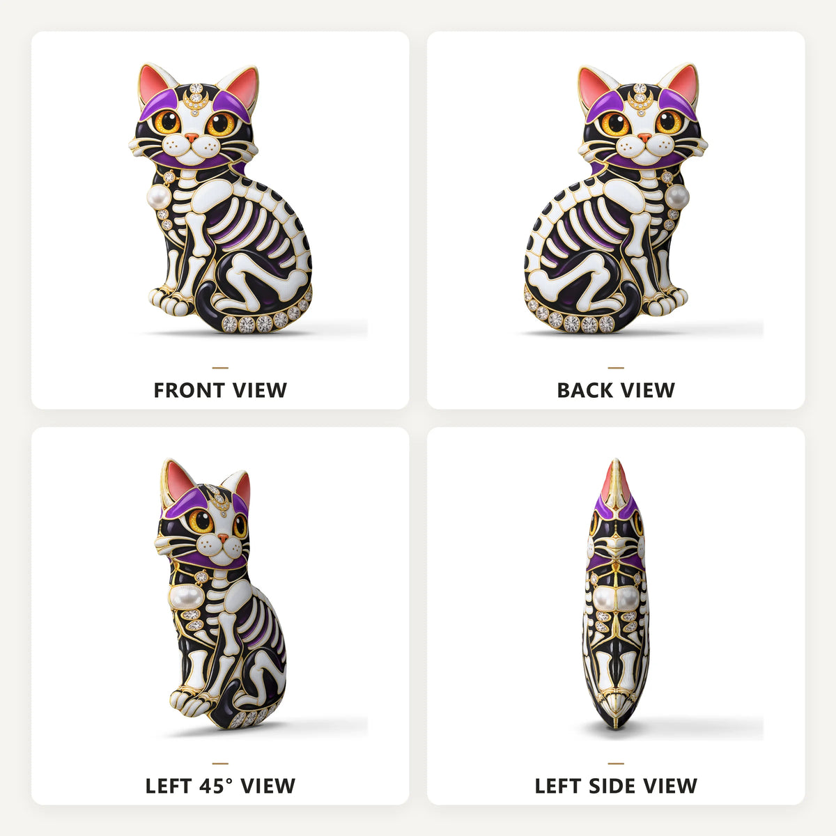 Front, back and side views: jeweled skeleton cat plush pillow with ornate skeleton cat artwork