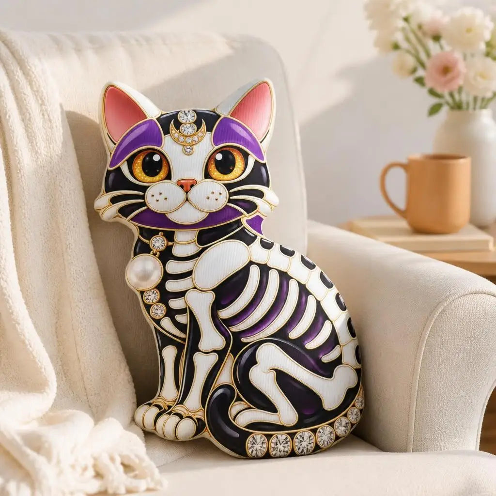 Alternate chair setting: jeweled skeleton cat plush pillow with ornate skeleton cat artwork