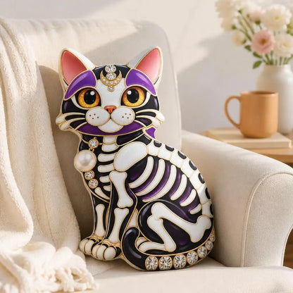 Alternate chair setting: jeweled skeleton cat plush pillow with ornate skeleton cat artwork