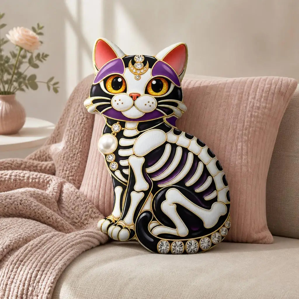 Styled on a chair: jeweled skeleton cat plush pillow with ornate skeleton cat artwork