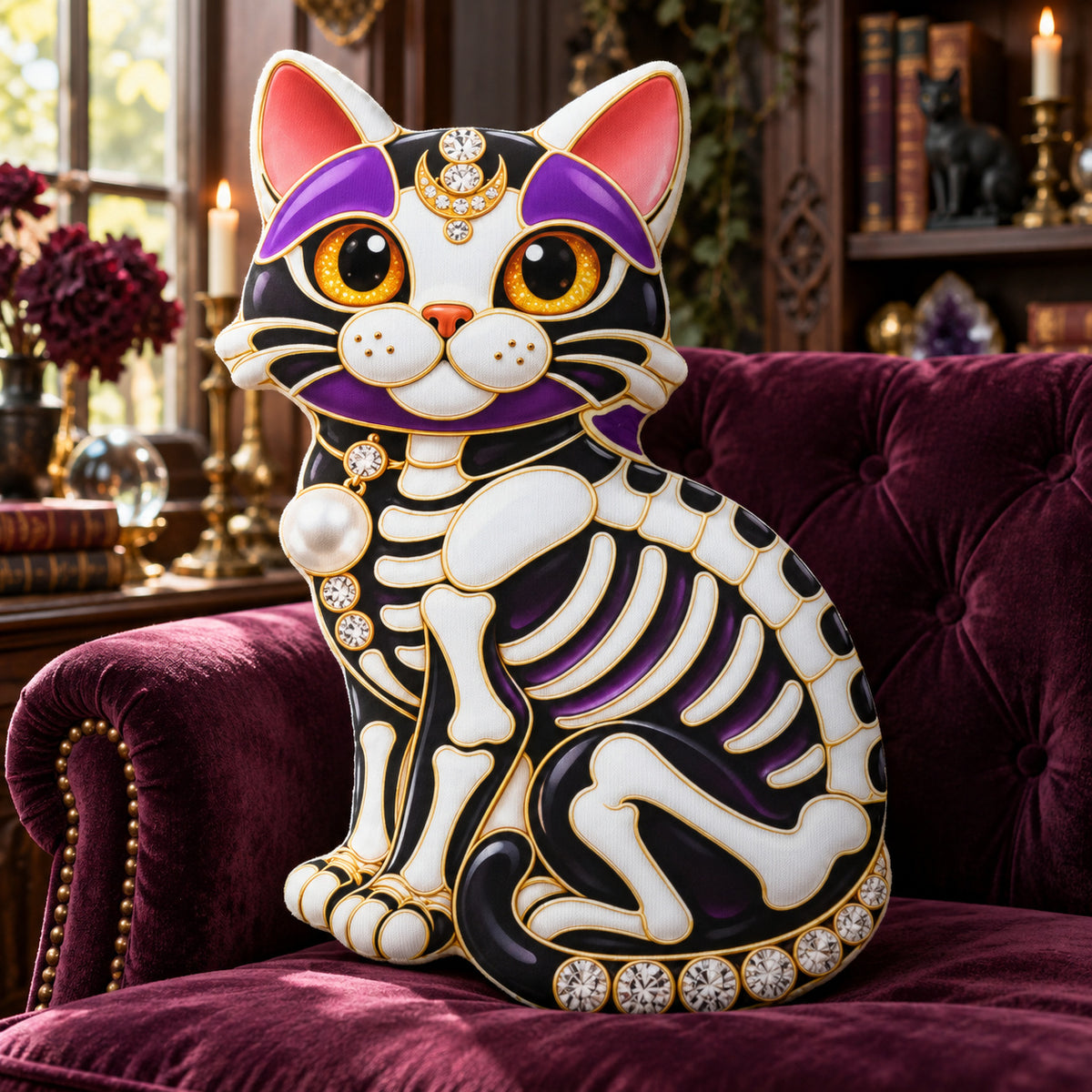 Jeweled Skeleton Cat Pillow in a sunlit witchy room