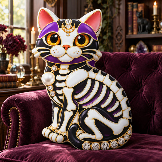 Jeweled Skeleton Cat Pillow in a sunlit witchy room