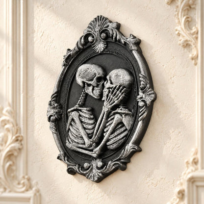 Kissing Skeleton Couple Wall Decor Oval Baroque Frame — view 2 showing carved details in a bright gothic vintage setting