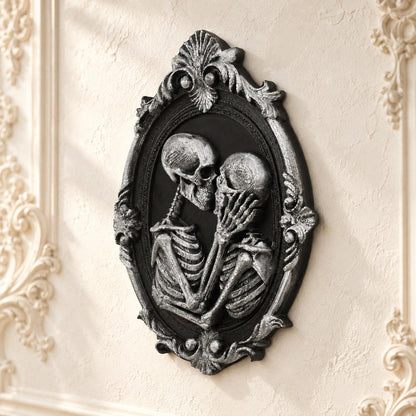 Kissing Skeleton Couple Wall Decor Oval Baroque Frame — view 3 showing carved details in a bright gothic vintage setting