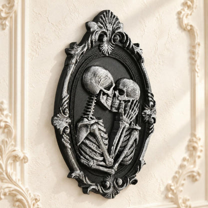 Kissing Skeleton Couple Wall Decor Oval Baroque Frame — view 1 showing carved details in a bright gothic vintage setting