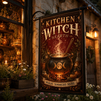 Close-up of Kitchen Witch Hearth house flag showing cauldron artwork