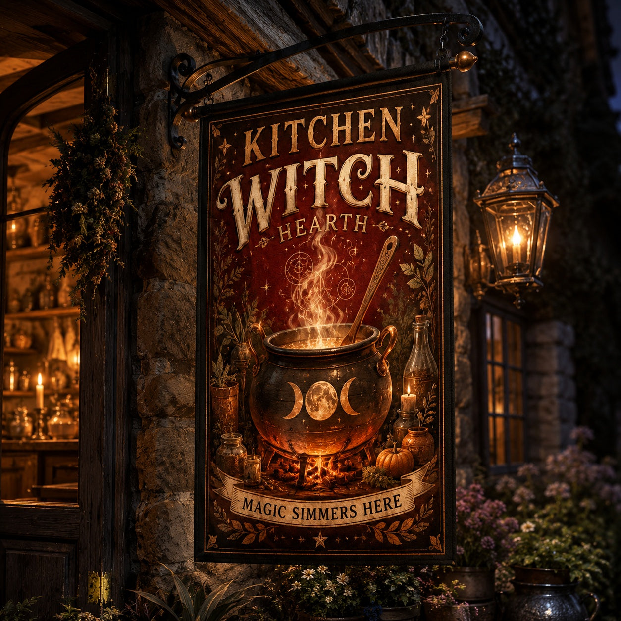 Kitchen Witch Hearth house flag mockup hanging outdoors as pagan decor