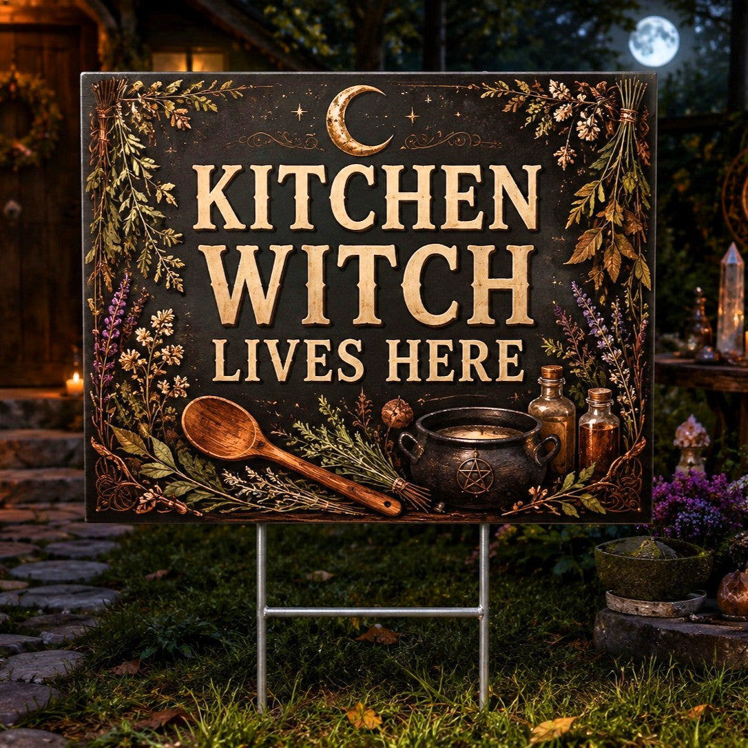 Kitchen Witch Lives Here Cauldron Moon Wicca Yard Sign - front view