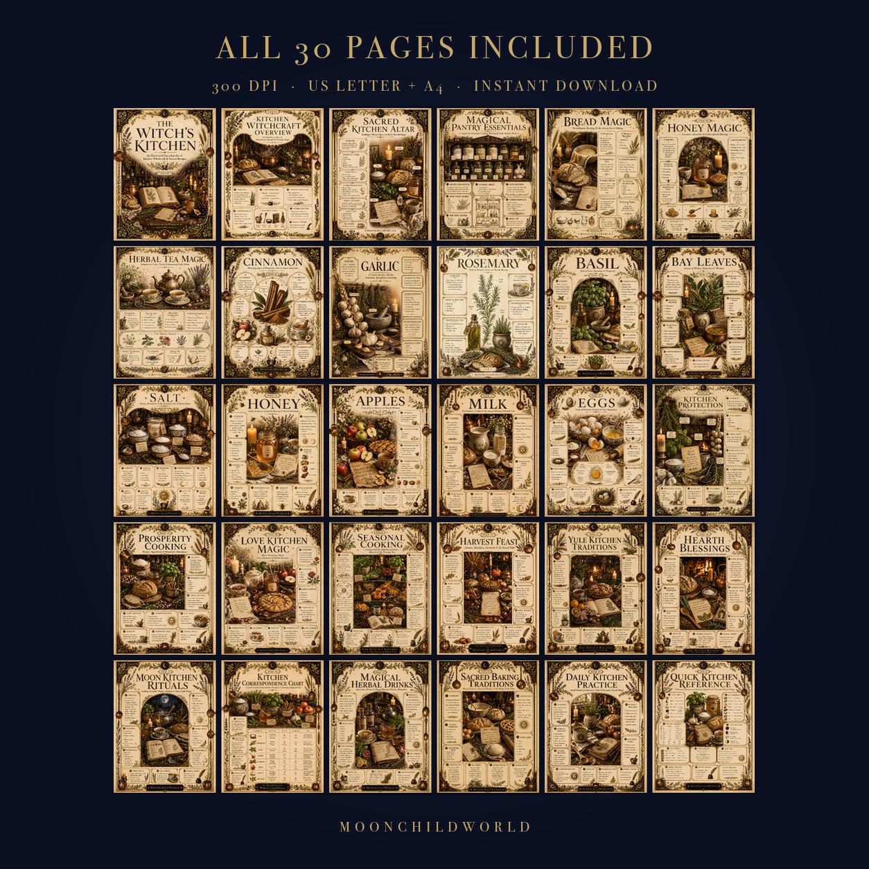 Thirty pages of a kitchen witch grimoire featuring sepia-toned, vintage parchment designs with herbal and magical illustrations.