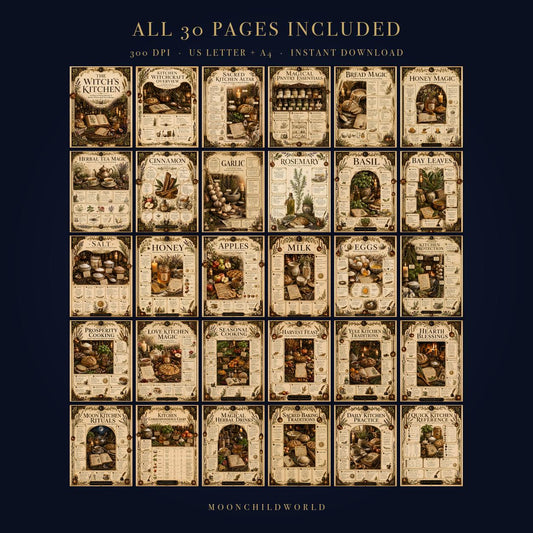 Thirty pages of a kitchen witch grimoire featuring sepia-toned, vintage parchment designs with herbal and magical illustrations.