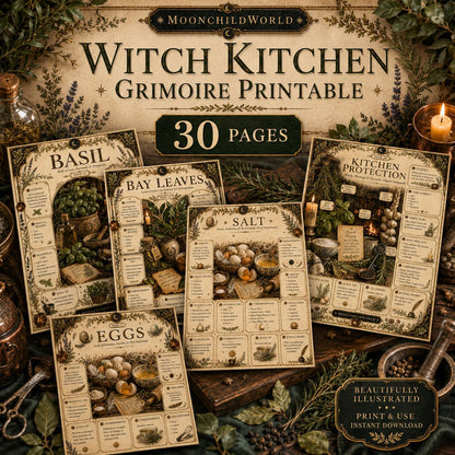 Thirty pages of printable kitchen witchcraft grimoire sheets on vintage parchment paper with botanical illustrations.