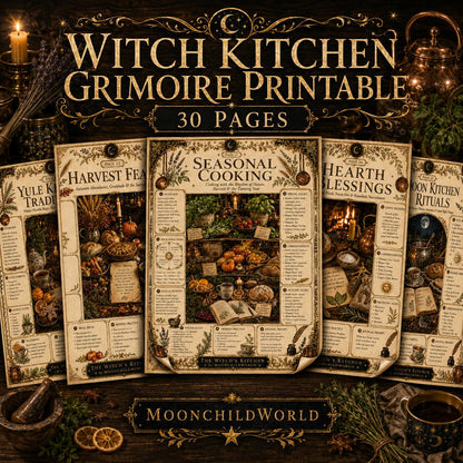 Thirty pages of a kitchen witch grimoire on sepia parchment with magical illustrations, herb charts, and hearth rituals.