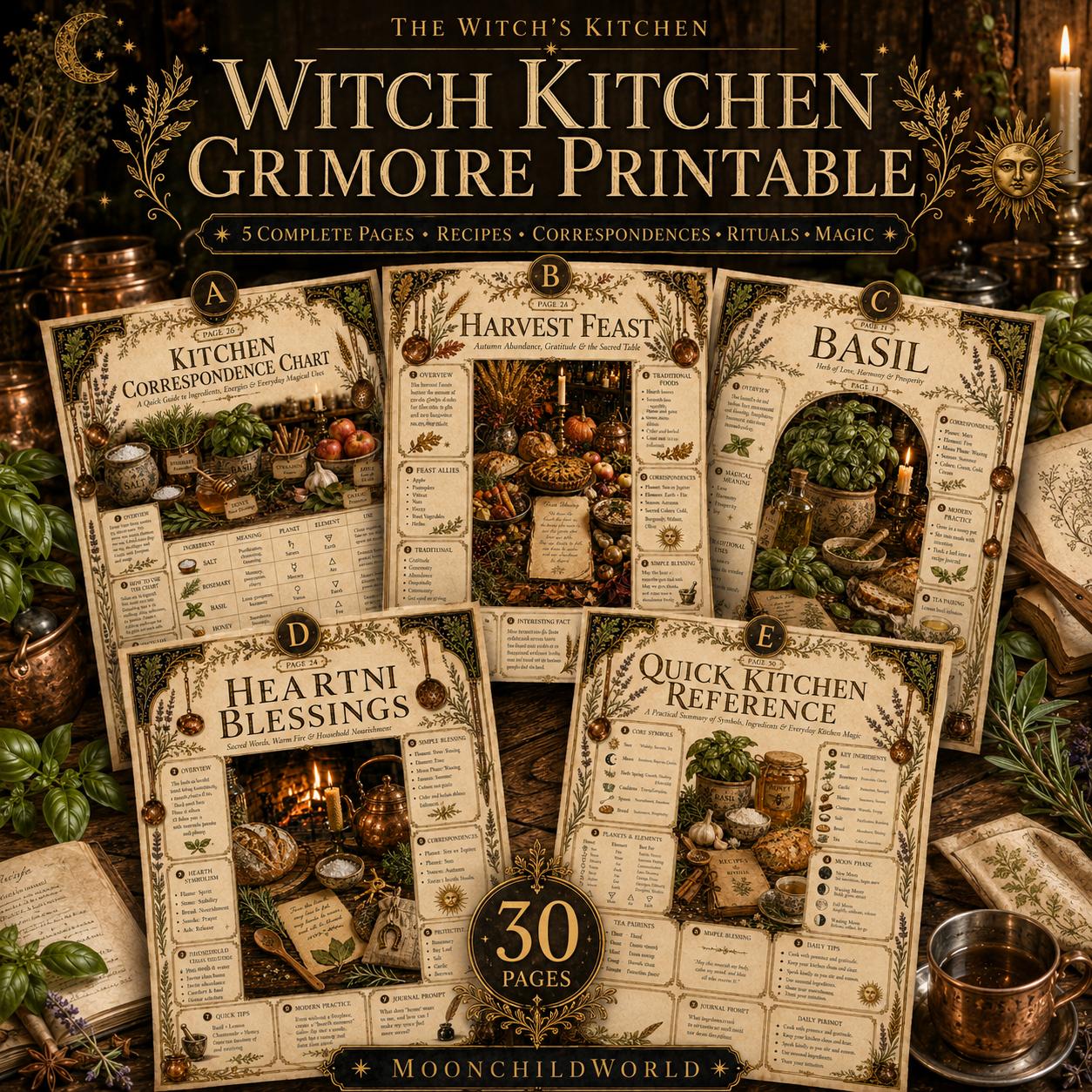 Printable kitchen witch grimoire pages with vintage parchment style, sepia tones, and magical herb and cooking illustrations.