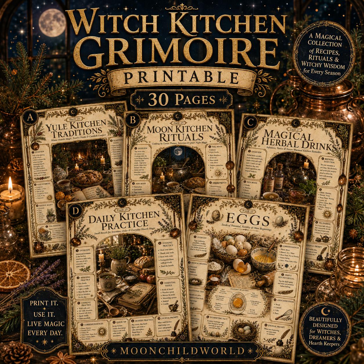 Printable 30-page Kitchen Witch Grimoire featuring vintage parchment designs, magical correspondences, and ritual guides.