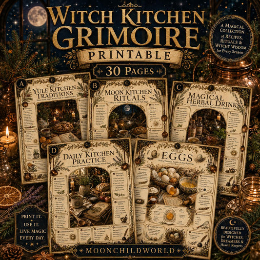 Printable 30-page Kitchen Witch Grimoire featuring vintage parchment designs, magical correspondences, and ritual guides.