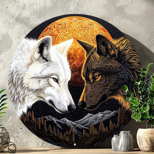 Moon Wolf Metal Sign Black and White Wolves Wall Sign-MoonChildWorld