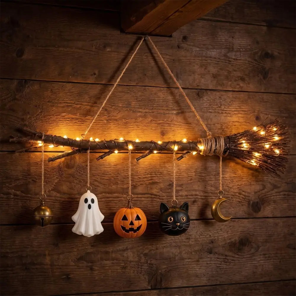 LED Witch Broom Hanging Ornament with Pumpkin & Ghost Charms-MoonChildWorld