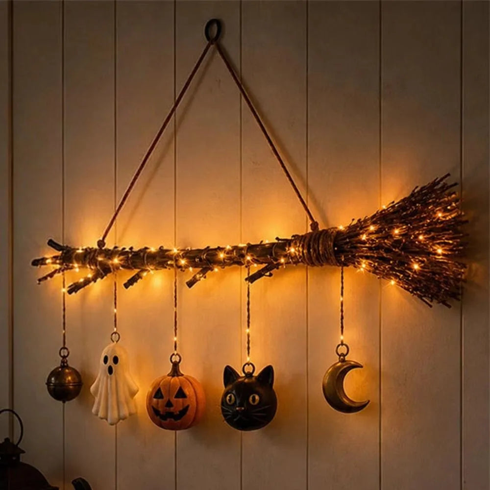 LED Witch Broom Hanging Ornament with Pumpkin & Ghost Charms-MoonChildWorld