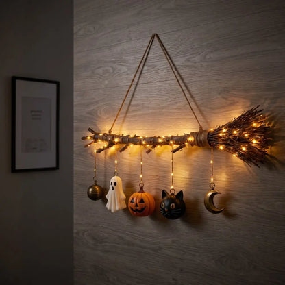 LED Witch Broom Hanging Ornament with Pumpkin & Ghost Charms-MoonChildWorld