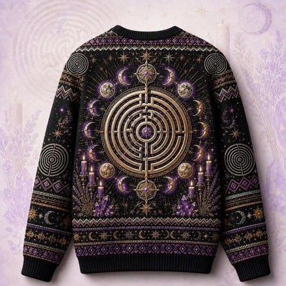 Labyrinth Sweater Candle Lavender Moon Phases Purple Knit back view