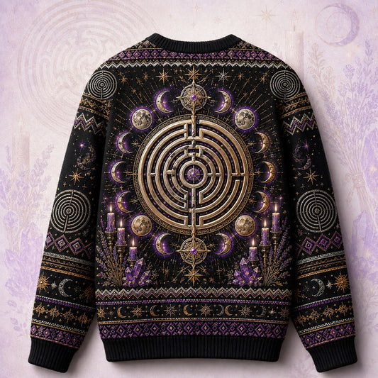 Labyrinth Sweater Candle Lavender Moon Phases Purple Knit back view