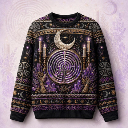 Labyrinth Sweater Candle Lavender Moon Phases Purple Knit front view