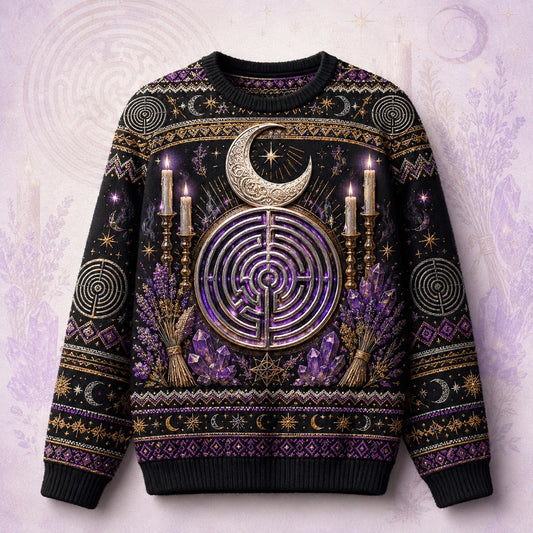Labyrinth Sweater Candle Lavender Moon Phases Purple Knit front view