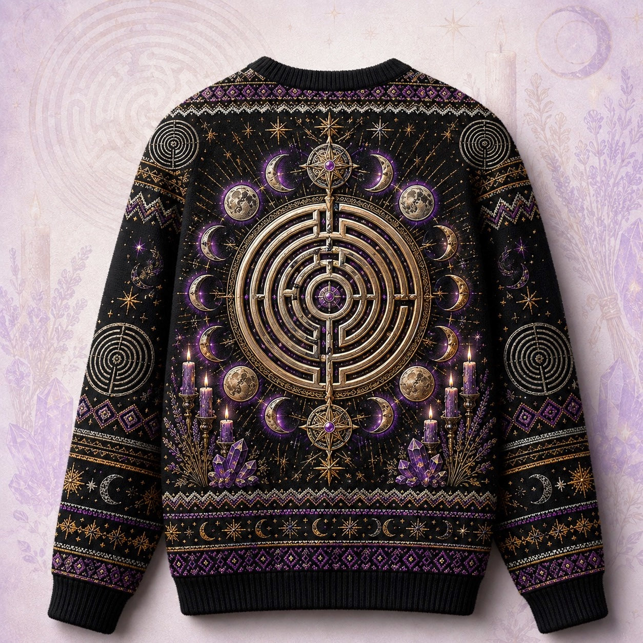 Labyrinth Sweater Candle Lavender Moon Phases Purple Knit back view