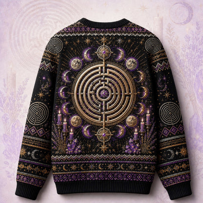 Labyrinth Sweater Candle Lavender Moon Phases Purple Knit back view