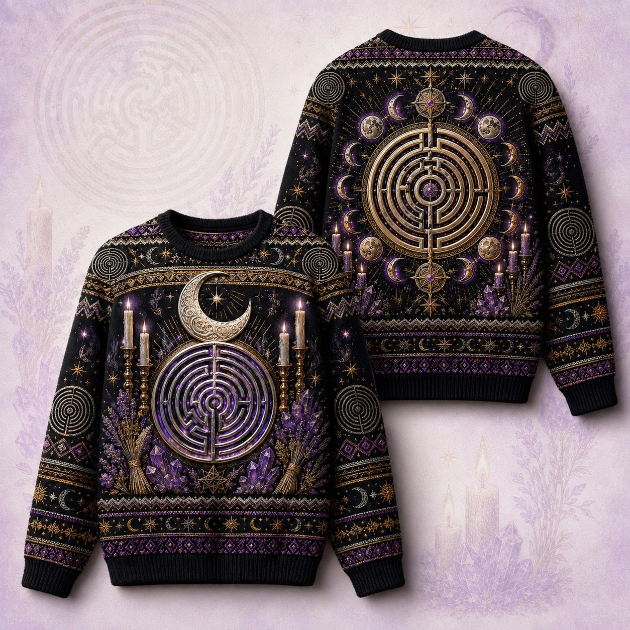 Labyrinth Sweater Candle Lavender Moon Phases Purple Knit front and back together