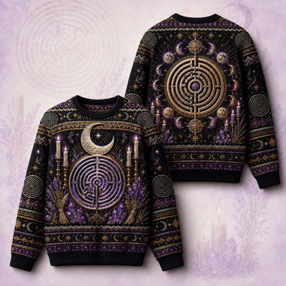 Labyrinth Sweater Candle Lavender Moon Phases Purple Knit front and back together
