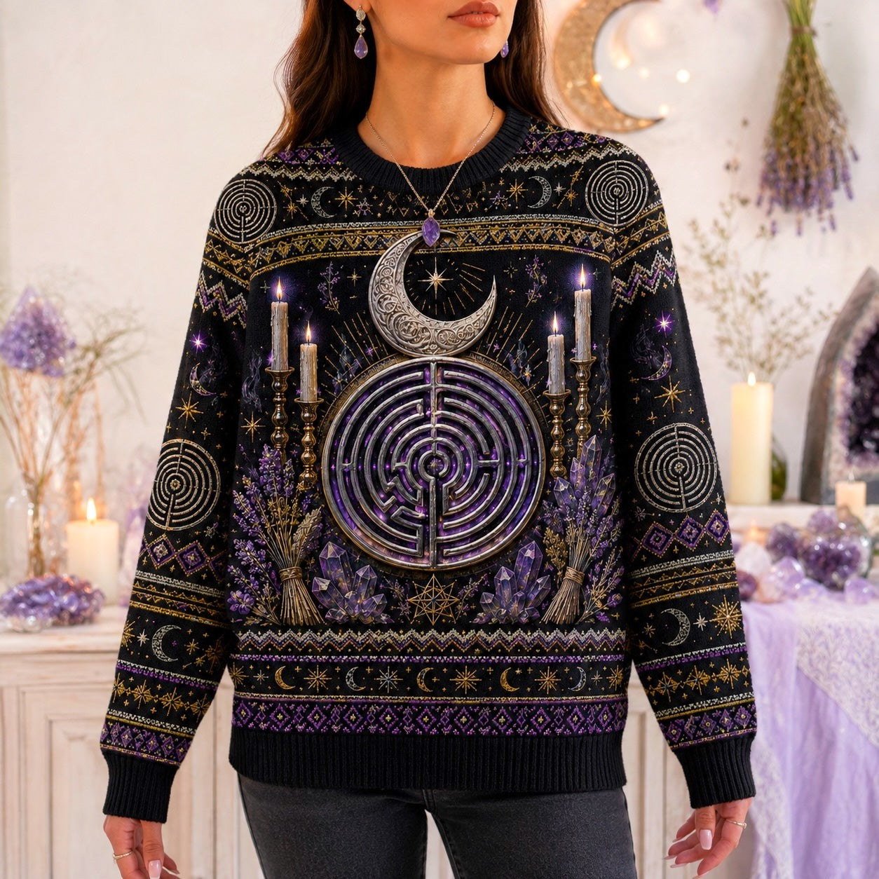 Labyrinth Sweater Candle Lavender Moon Phases Purple Knit worn, front view