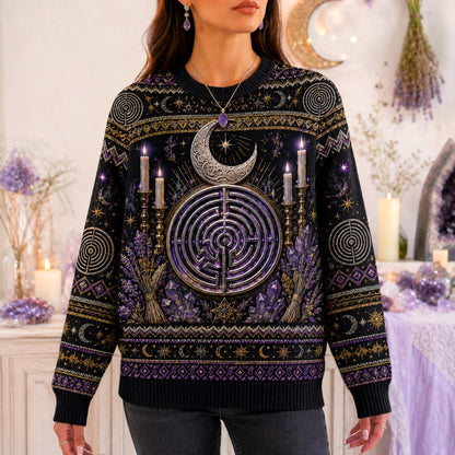 Labyrinth Sweater Candle Lavender Moon Phases Purple Knit worn, front view