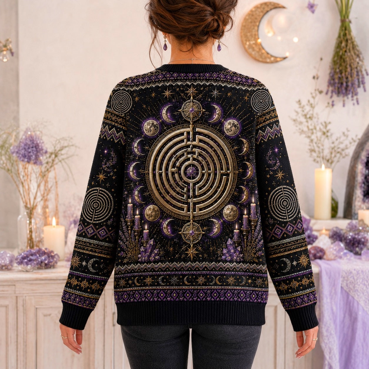 Labyrinth Sweater Candle Lavender Moon Phases Purple Knit worn, back view