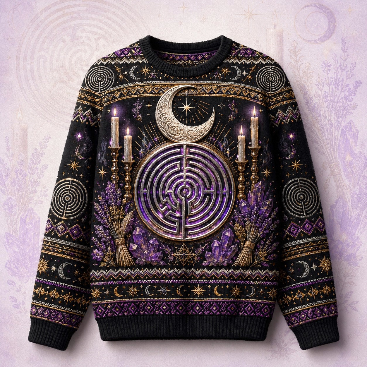 Labyrinth Sweater Candle Lavender Moon Phases Purple Knit front view