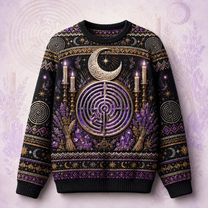 Labyrinth Sweater Candle Lavender Moon Phases Purple Knit front view
