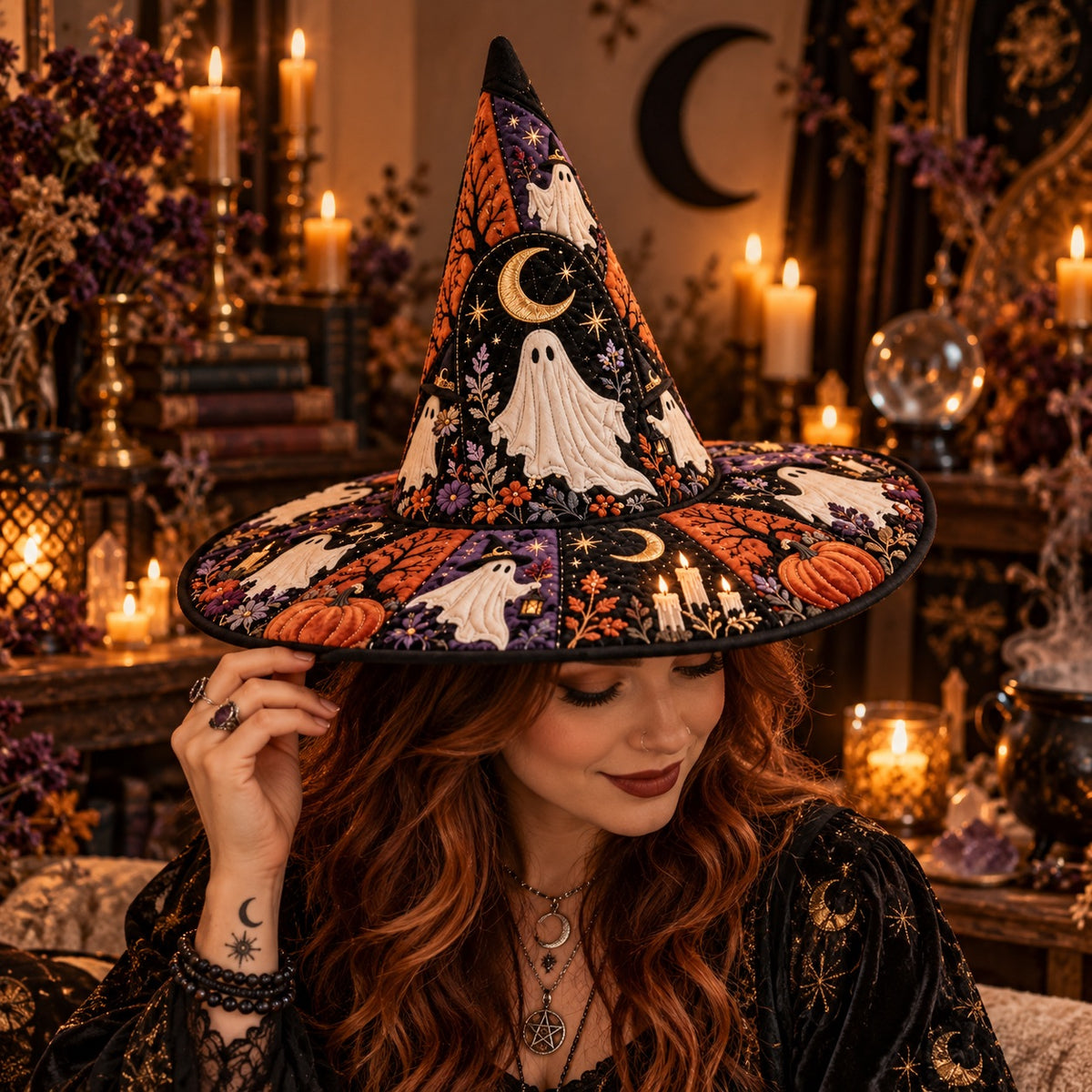 Lantern Ghost Quilted Witch Hat – Halloween Pumpkin Coven Brim Hat – worn by a model